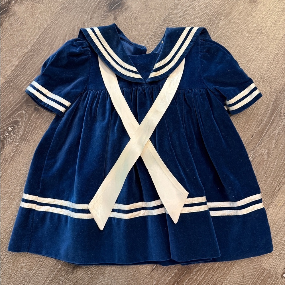vintage blue velour sailor dress with white piping trim